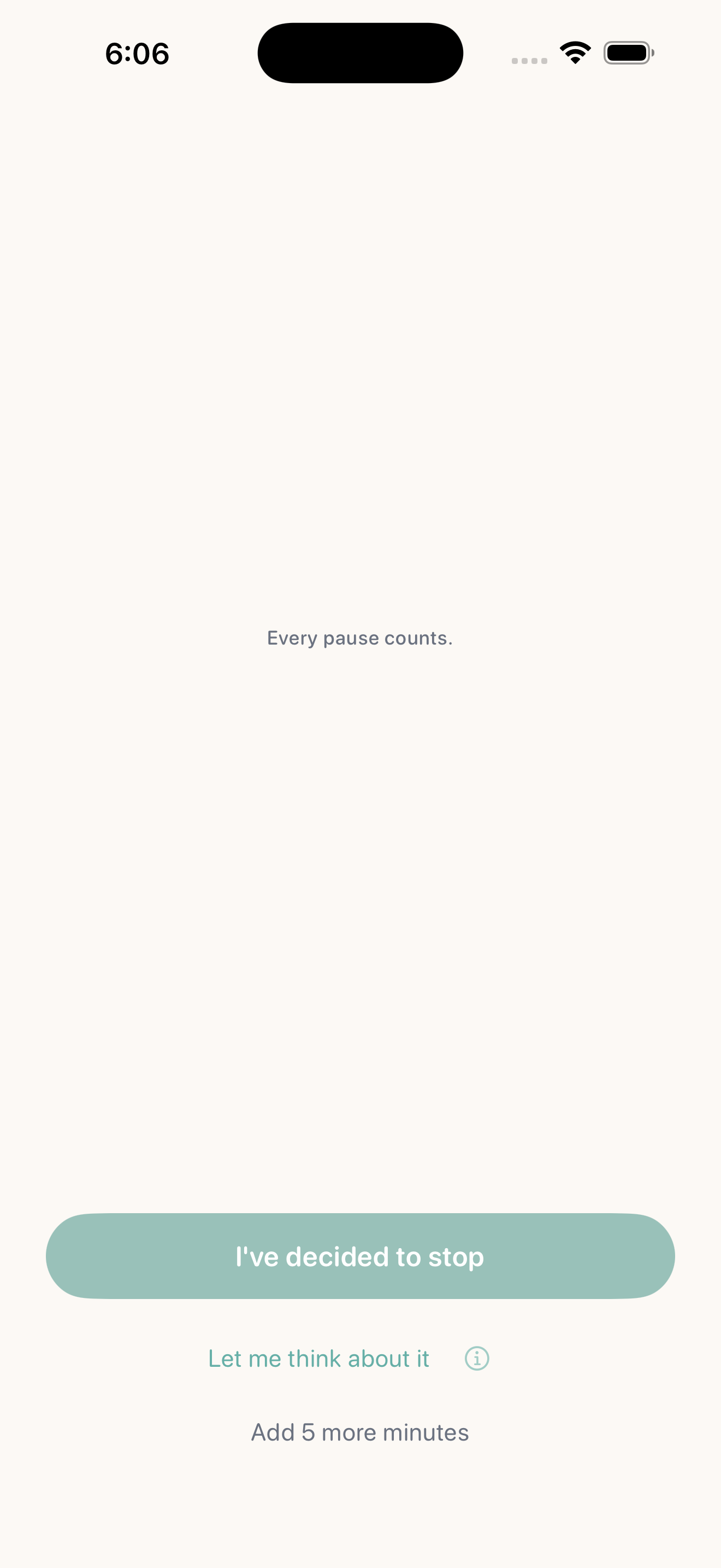 The Offscroll pause screen offering a choice to stop or take five more minutes